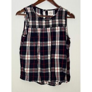 Knox Rose Sleeveless Blouse Women Medium Navy Blue Red White Plaid Smocked Yoke